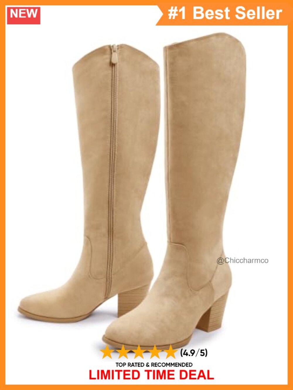 Knee High Boots Pointed Toe Chunky Block Heel Side Zip Faux Suede